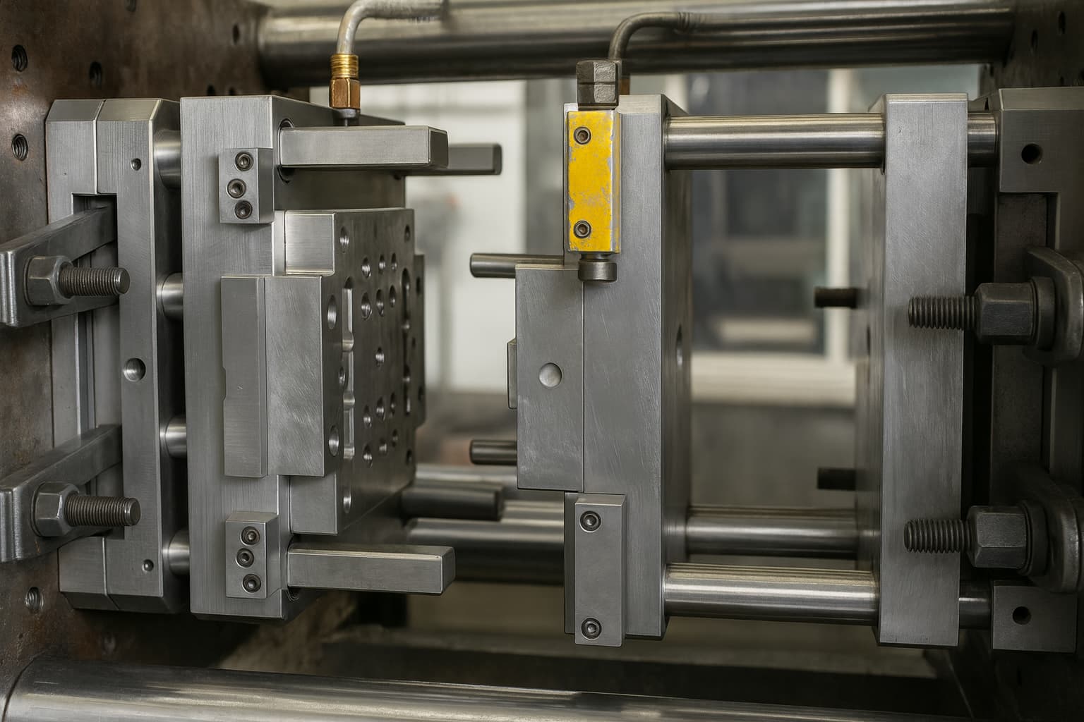 Close-up van stalen spuitgietmatrijs in machine voor productie van metalen onderdelen bij TOS