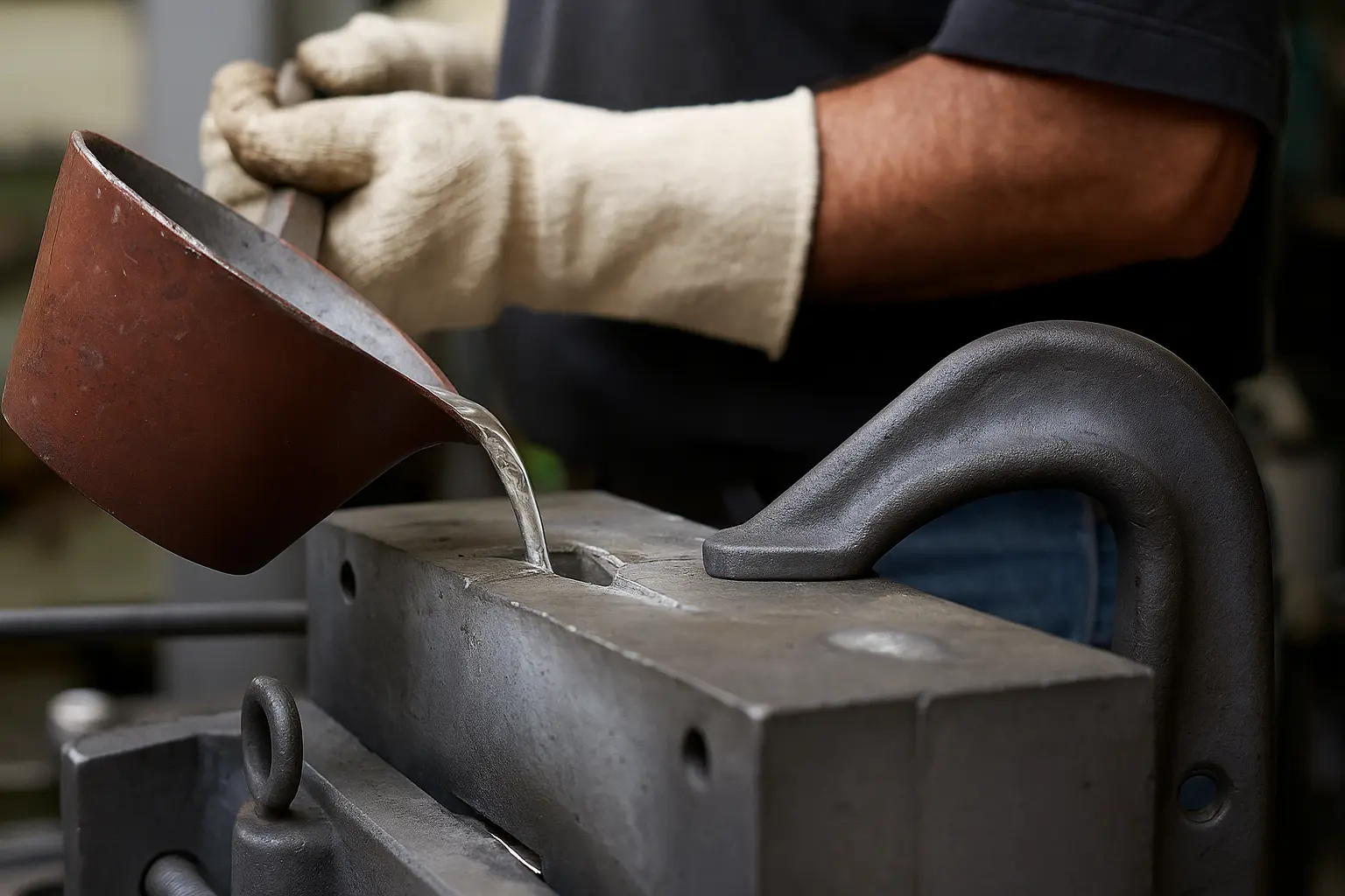 Gieter giet gesmolten aluminium handmatig in een metalen coquille bij TOS