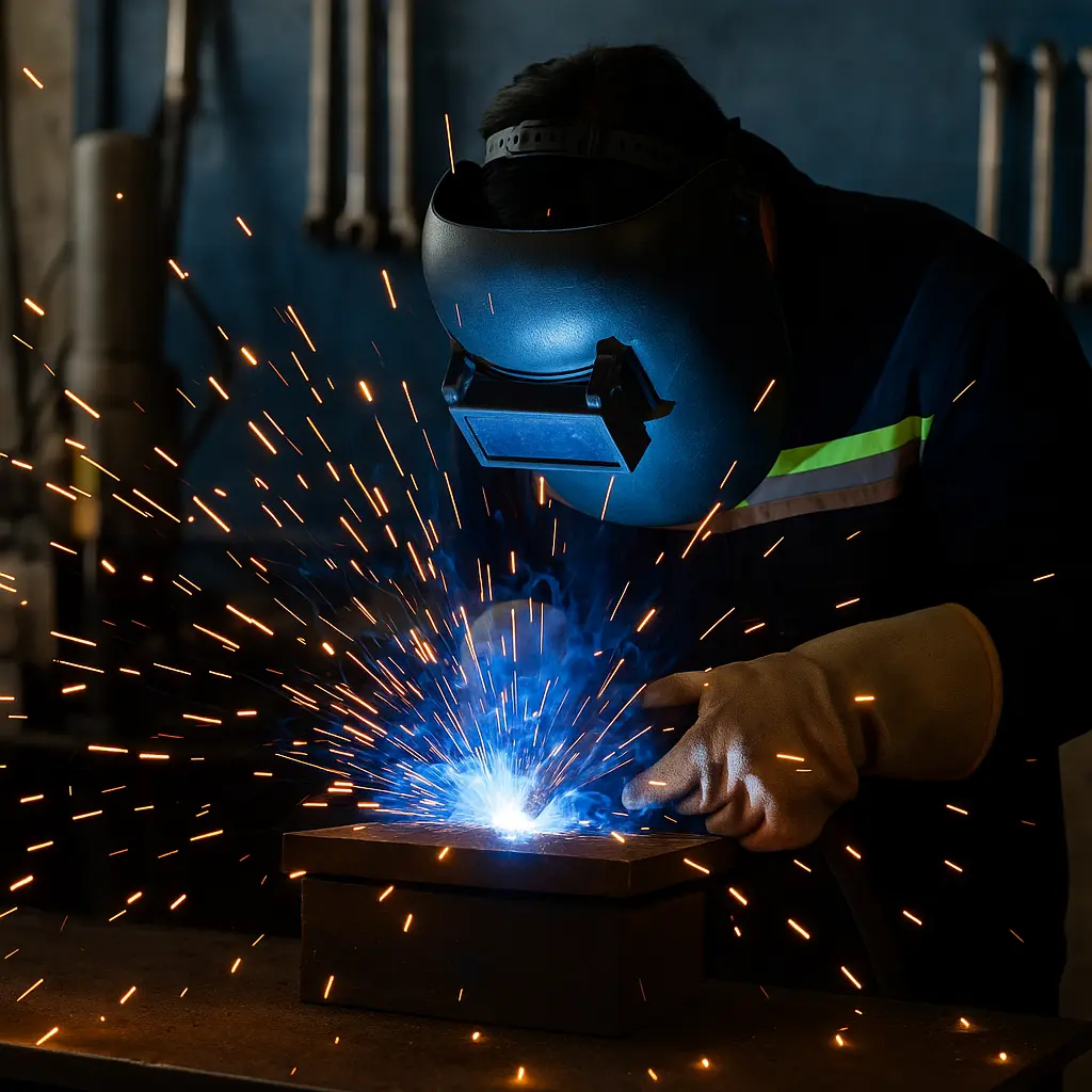 Lasser voert precisielas uit met lasspetters en beschermhelm bij TOS