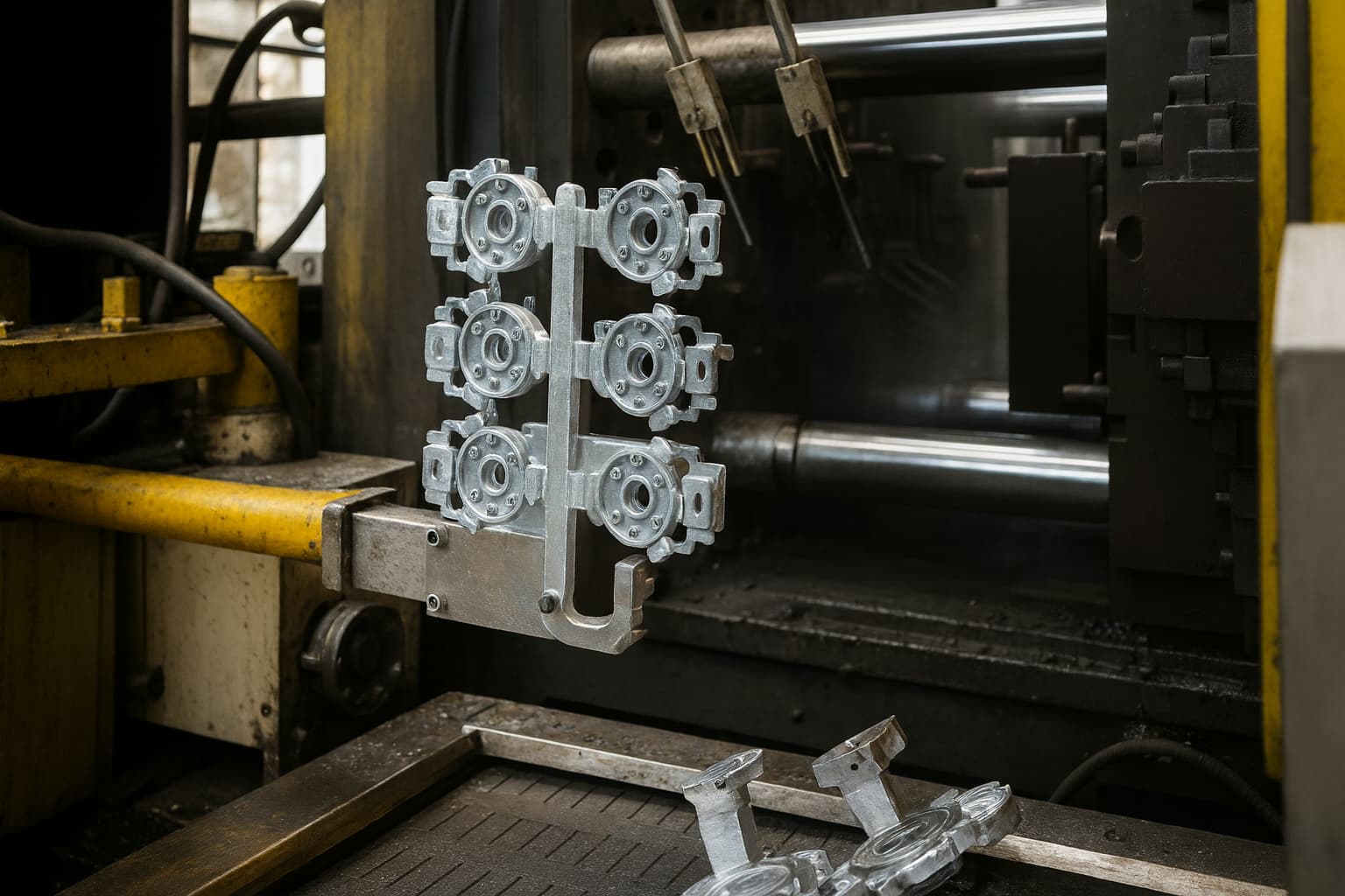 Aluminium spuitgietonderdelen direct na het gieten in de matrijs, onderdeel van het die casting proces bij TOS