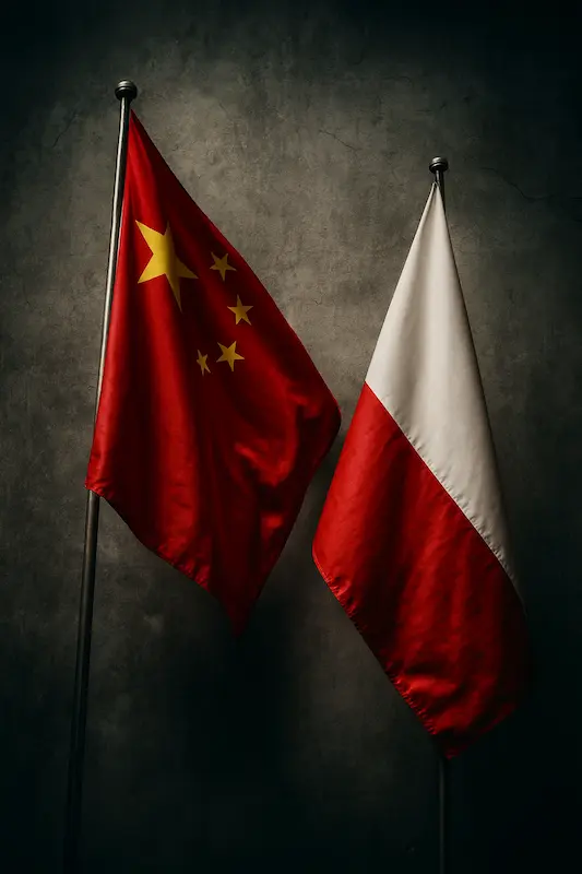 Vlaggen van China en Polen naast elkaar als symbolische vergelijking van productie en industrie.